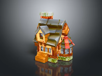 Colorful Cartoon Wooden House Scene With Sloped Roof Chimney And Porch Steps Windows 3d model