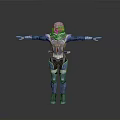 Woman in Blue and White Armor With Helmet Blonde Hair Arms Outstretched Gray Background