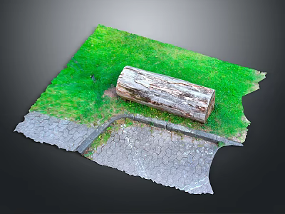 Rustic Wooden Log and Irregular Stone Slabs in Outdoor Area with Natural Green Grass 3d model