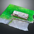 Rustic Wooden Log and Irregular Stone Slabs in Outdoor Area with Natural Green Grass