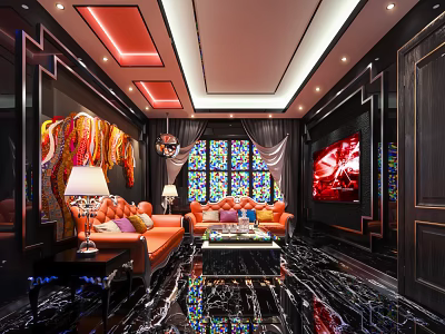 Modern KTV Lounge Interior With Luxury Sofas Stained Glass And Neon Lighting 3d model