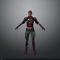 3D Virtual Character With Helmet Red Black Top Green Pants Gloves And Boots Standing Pose