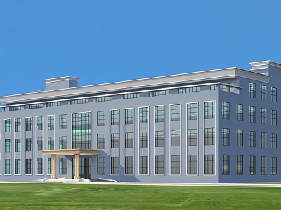 Modern Blue Office Building With Large Windows Green Lawn And Columned Portico 3d model