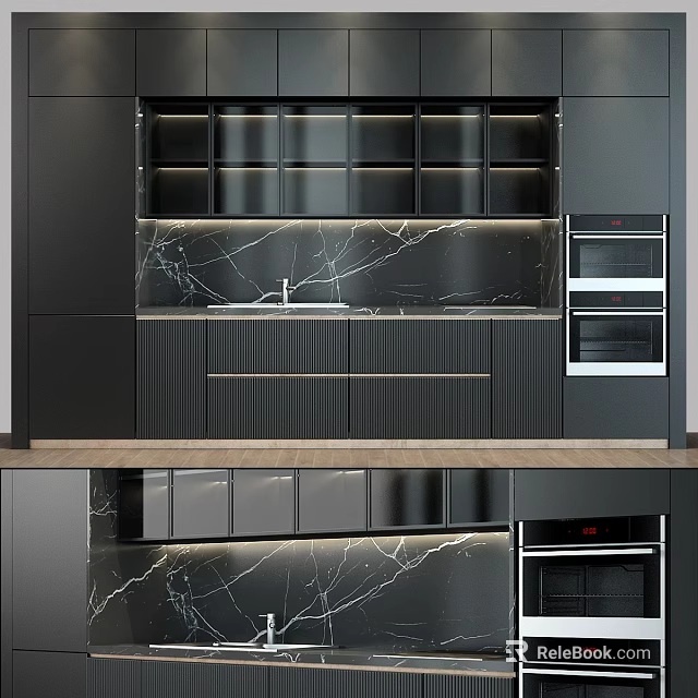 Modern Kitchen Interior With Black Cabinets Marble Backsplash Sink And Built In Ovens 3d model 