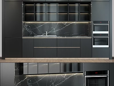 Modern Kitchen Interior With Black Cabinets Marble Backsplash Sink And Built In Ovens 3d model