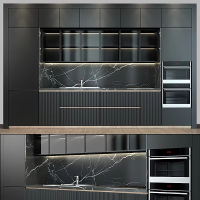 Modern Kitchen Interior With Black Cabinets Marble Backsplash Sink And Built In Ovens 3d model