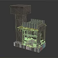 Industrial Concrete Architectural Component With Tall Cube Lower Section Yellow Accents And Colorful Base