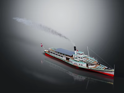 Vintage Steamship Featuring Red White Hull Black Chimney Emitting Smoke And Flying Flag On Water 3d model