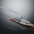 Vintage Steamship Featuring Red White Hull Black Chimney Emitting Smoke And Flying Flag On Water