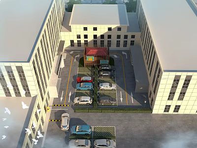 Organized Parking Lot With Parked Cars Surrounded By Modern Buildings And Entrance Area 3d model