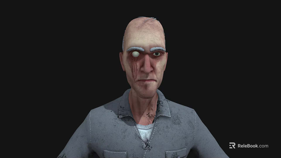 Bald Man With Forehead Scar White Eyebrows White Eye In Torn Gray Shirt Black Background 3d model 