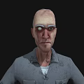 Bald Man With Forehead Scar White Eyebrows White Eye In Torn Gray Shirt Black Background