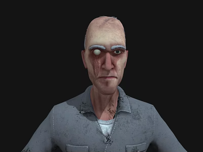 Bald Man With Forehead Scar White Eyebrows White Eye In Torn Gray Shirt Black Background 3d model
