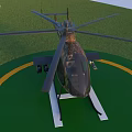 Camouflage Helicopter Parked On Green Helipad With Yellow Circle Marking And Rotors