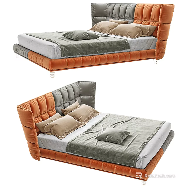 Modern Orange Upholstered Double Bed With Gray Headboard And Beige Pillows 3d model