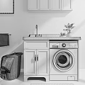 Washing Machine In White Laundry Cabinet With Sink Faucet Plant Basket And Towel