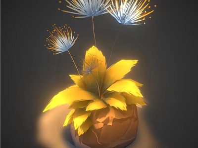 Vibrant Flower Plant With Yellow Leaves And White Dandelion-like Flowers In Brown Pot 3d model