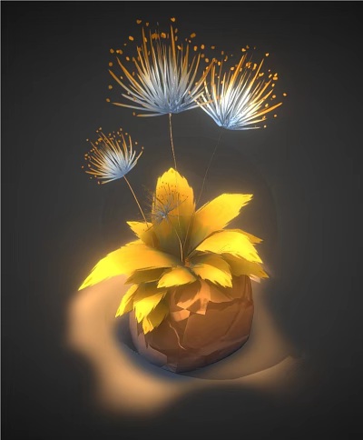 Vibrant Flower Plant With Yellow Leaves And White Dandelion-like Flowers In Brown Pot 3d model