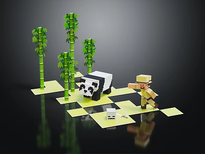 Creative Decorative Figurine Set With Bamboo Grove Panda Mini Figure Checkerboard Base 3d model