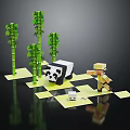 Creative Decorative Figurine Set With Bamboo Grove Panda Mini Figure Checkerboard Base 3d model
