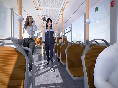 People Walking Inside Bus With Orange Seats And Bright Windows 3d model