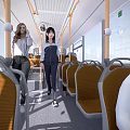 People Walking Inside Bus With Orange Seats And Bright Windows 3d model