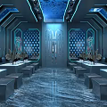 Modern Futuristic KTV Interior With Large Screen Blue Lighting Seating And Tables