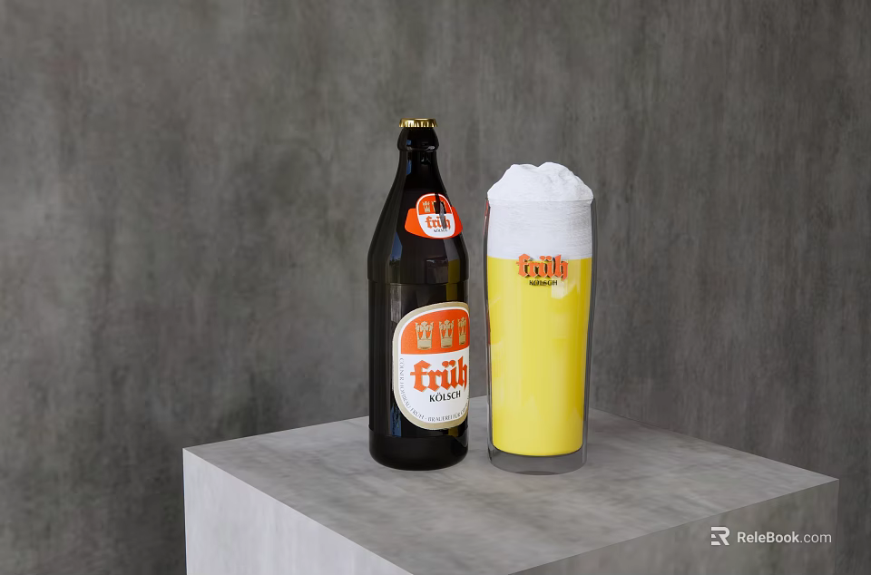 Fruit Beer Bottle And Glass With Foamy Yellow Liquid On Gray Platform 3d model 