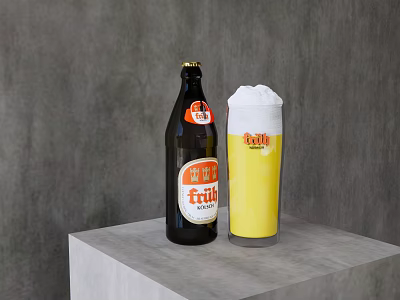 Fruit Beer Bottle And Glass With Foamy Yellow Liquid On Gray Platform 3d model
