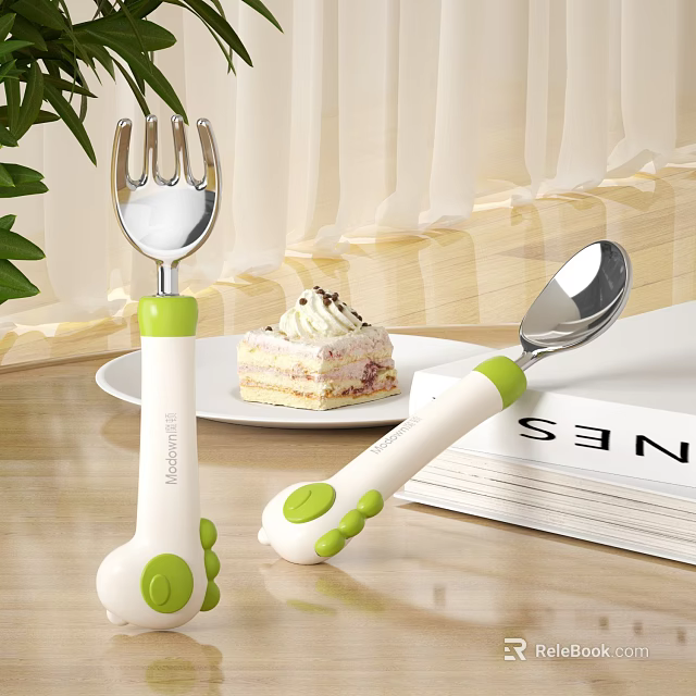 Baby Fork And Spoon Set With Green White Handles 3d model 