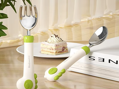 Baby Fork And Spoon Set With Green White Handles 3d model