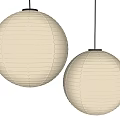 Two Round Striped Paper Pendant Lights Hanging Against Gray Wall Background 3d model
