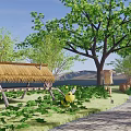 Rural Countryside Scenery With Stone Path Wooden Fences And Thatched Pavilions