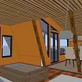 Vacation Rental House With Triangular Roof Wooden Structure Large Glass Windows Patio And Stone Base