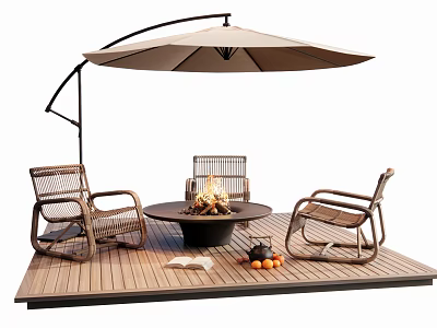 Woven Rattan Outdoor Chairs with Fire Pit and Umbrella on Wooden Deck 3d model