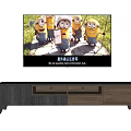 Modern TV Stand Wood Design with Storage Drawers Open Shelves and Minions on TV Screen