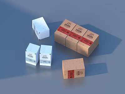 Various Sizes of Household Storage Boxes in White and Brown with Red Labels 3d model