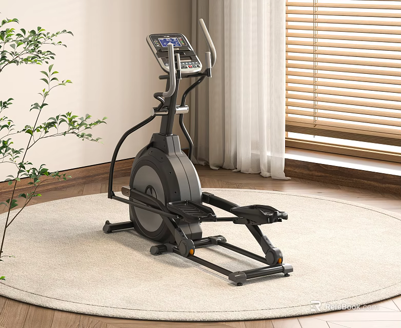 Indoor Elliptical Trainer on Wooden Floor with Round Carpet Plant and Window Blinds 3d model 