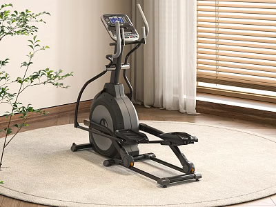 Indoor Elliptical Trainer on Wooden Floor with Round Carpet Plant and Window Blinds 3d model