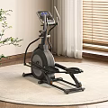 Indoor Elliptical Trainer on Wooden Floor with Round Carpet Plant and Window Blinds