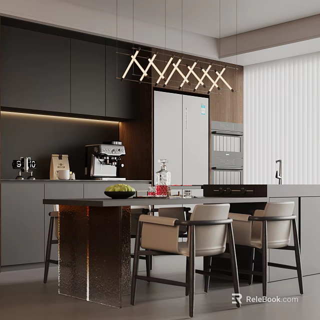 Modern Restaurant Kitchen With Black Gray Cabinets Island Pendant Lights And Coffee Machine 3d model 