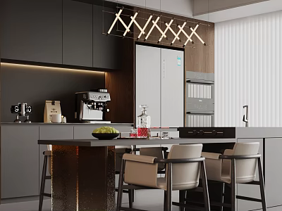 Modern Restaurant Kitchen With Black Gray Cabinets Island Pendant Lights And Coffee Machine 3d model