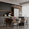 Modern Restaurant Kitchen With Black Gray Cabinets Island Pendant Lights And Coffee Machine