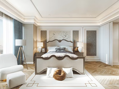 Elegant Modern Bedroom Interior With Bedside Tables Table Lamps Area Rug And Accent Chair 3d model