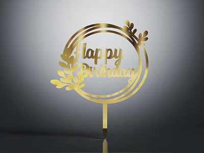 Golden Circular Cake Topper With Happy Birthday Text And Decorative Leaves 3d model