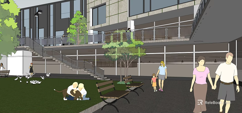Outdoor Garden Landscape With Lawn Benches People Modern Building And Stairs 3d model 
