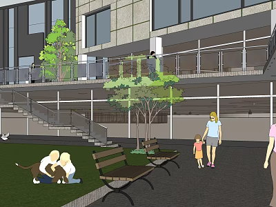 Outdoor Garden Landscape With Lawn Benches People Modern Building And Stairs 3d model