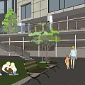 Outdoor Garden Landscape With Lawn Benches People Modern Building And Stairs