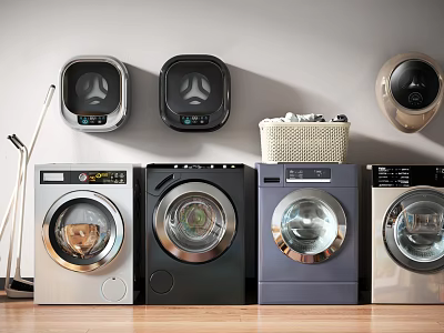 Modern Washing Machines In Multiple Colors With Wall Mounted Units And Laundry Basket 3d model