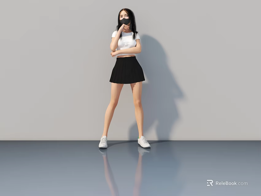 Woman In White Top And Black Skirt Standing With Crossed Arms Against Gray Background 3d model 